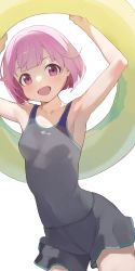 Rule 34 | 1girl, :d, armpits, arms up, black one-piece swimsuit, breasts, collarbone, copyright request, covered navel, highres, hiroki (yyqw7151), holding, holding swim ring, innertube, looking at viewer, one-piece swimsuit, open mouth, pink eyes, pink hair, short hair, simple background, small breasts, smile, solo, swim ring, swimsuit, white background