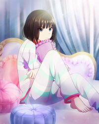 Rule 34 | 1boy, bad source, barefoot, black hair, blue eyes, card (medium), heart, heart-shaped pillow, idolmaster, idolmaster side-m, kagura rei, male focus, official alternate costume, official art, pajamas, pillow, solo, striped clothes, striped pajamas, toenails, toes