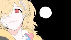 Rule 34 | 1girl, akira ray, bandage on face, bandages, black background, blonde hair, collared shirt, flower, hair flower, hair ornament, hair over one eye, head tilt, highres, hood, hoodie, looking at viewer, nijisanji, nijisanji kr, one eye covered, parted lips, red eyes, shirt, so nagi (artist), solo, speech bubble, upper body, villain (vocaloid), virtual youtuber, vocaloid, white shirt, yellow hoodie