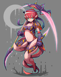 Rule 34 | 1girl, blue eyes, colored skin, crescent, expressionless, fantasy, grey background, horns, monster, monster girl, original, pink skin, pointy ears, red hair, scythe, solo, tail, takotto, tentacles