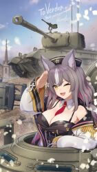 Rule 34 | 1girl, animal ear fluff, animal ears, between breasts, black headwear, blue sky, breasts, browning m2, chisaka airi, cleavage, commentary, commission, day, detached collar, english text, epaulettes, falling petals, fang, flower, grey hair, gun, hair flower, hair ornament, hairclip, heavy machine gun, highres, jacket, large breasts, m46 patton, machine gun, military, military vehicle, motor vehicle, necktie, necktie between breasts, off shoulder, one eye closed, outdoors, petals, phase connect, red necktie, salute, second-party source, shinmai (kyata), sky, solo, steeple, tank, town, twitter username, upper body, virtual youtuber, weapon, white jacket, wolf ears, wolf girl, yellow eyes