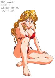 Rule 34 | 1990s (style), 1girl, barefoot, bikini, blonde hair, blue eyes, breasts, christine garland, full body, hand on own thigh, height, highres, knee up, large breasts, long hair, looking at viewer, measurements, non-web source, official art, red bikini, retro artstyle, side-tie bikini bottom, simple background, sitting, smile, solo, stats, super real mahjong, swimsuit, tanaka ryou, three sizes, white background