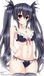 Rule 34 | 1girl, absurdres, bare shoulders, black bra, black hair, black thighhighs, blush, bra, breasts, cleavage, closed mouth, commentary request, cowboy shot, expressionless, hair between eyes, hair ornament, hair ribbon, highres, lingerie, long hair, looking at viewer, medium breasts, navel, neptune (series), noire (neptunia), panties, partial commentary, red eyes, ribbon, solo, standing, thighhighs, twintails, underwear, watermark, web address, weresdrim, white background