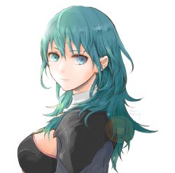 Rule 34 | 1girl, blue eyes, blue hair, breasts, byleth (female) (fire emblem), byleth (fire emblem), closed mouth, fire emblem, fire emblem: three houses, from side, hair between eyes, lens flare, long hair, looking at viewer, medium breasts, nintendo, robaco, simple background, smile, solo, straight hair, upper body, white background