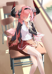 Rule 34 | 1girl, absurdres, alternate costume, azur lane, black horns, black jacket, blurry, blurry background, chair, classroom, collared shirt, crossed legs, desk, eyes visible through hair, foot out of frame, hair on horn, hair over one eye, highres, horns, huge horns, indoors, jacket, long hair, long horns, long sleeves, looking at viewer, marimo daifuku, mechanical horns, miniskirt, multicolored horns, on desk, open clothes, open jacket, partially unbuttoned, pencil, pink hair, pleated skirt, prinz rupprecht (azur lane), red skirt, school, school desk, shirt, sitting, on desk, skirt, solo, thighhighs, two-tone horns, very long hair, white shirt, white thighhighs, window, zettai ryouiki