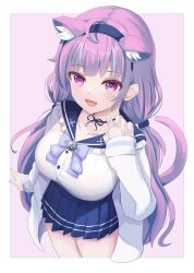 Rule 34 | 1girl, anchor symbol, animal ears, blue headband, blue nails, blue skirt, bow, breasts, cat ears, cat tail, choker, collar, colored inner hair, headband, highres, hololive, jacket, large breasts, minato aqua, minato aqua (sailor), multicolored hair, nekonosuke ilst, open mouth, pink eyes, sailor collar, short twintails, skirt, smile, solo, tail, twintails, virtual youtuber, white jacket