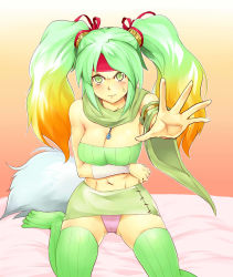 Rule 34 | 1girl, abs, anger vein, angry, armlet, bare shoulders, blush, breast hold, breasts, commentary request, detached sleeves, duel monster, fur, gradient background, gradient hair, green eyes, green hair, green skirt, hair ribbon, hairband, highres, long hair, looking at viewer, medium breasts, midriff, miniskirt, multicolored hair, nasuka@hiyokko, navel, no shoes, on bed, orange background, orange hair, outstretched arm, panties, pantyshot, parted hair, pink panties, red headwear, reeze whirlwind of gusto, ribbon, scarf, single detached sleeve, sitting, skirt, solo, strapless, symbol-shaped pupils, thighhighs, tube top, twintails, underwear, wariza, wavy mouth, wide sleeves, yu-gi-oh!, zettai ryouiki