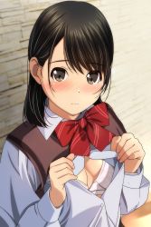 Rule 34 | 1girl, absurdres, black hair, blurry, blurry background, blush, bow, bra, breasts, brown eyes, brown vest, closed mouth, collared shirt, depth of field, diagonal-striped bow, dress shirt, floral print, hands up, highres, long hair, long sleeves, looking at viewer, matsunaga kouyou, nose blush, open clothes, open shirt, original, pink bra, print bra, red bow, shirt, small breasts, solo, striped, underwear, upper body, vest, wavy mouth, white shirt