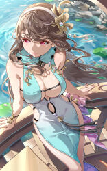Rule 34 | 1girl, arm strap, bare shoulders, blue dress, breasts, brown hair, bupa chila, china dress, chinese clothes, cleavage, closed mouth, clothing cutout, dress, hair ornament, hairband, highres, large breasts, lily pad, long hair, navel, navel cutout, no bra, original, outdoors, panty straps, pelvic curtain, petals, red eyes, side cutout, sideboob, skindentation, sleeveless, sleeveless dress, smile, solo, thighs, water, white hairband
