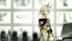Rule 34 | 1girl, animal ear fluff, animal ears, arknights, artist request, bare shoulders, blurry, blurry background, coat, collar, copyright name, cyrillic, green coat, green eyes, green hair, highres, holding, holding paper, kal&#039;tsit (arknights), looking down, material growth, monitor, official art, oripathy lesion (arknights), paper, short hair, solo, standing, third-party source, watch, watermark