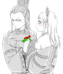 Rule 34 | 1boy, 1girl, blush, braid, chinese clothes, couple, flower, frown, hetero, husband and wife, kingdom (series), long hair, mabui (poloon), rui (kingdom), seikyou (kingdom), side braid, simple background, spot color, white background