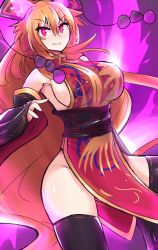 Rule 34 | &gt;:(, 1girl, adapted costume, animal ears, bare shoulders, black thighhighs, blush, breasts, chinese clothes, clenched teeth, crescent, detached sleeves, energy, fox ears, fox tail, frown, hat, highres, junko (touhou), large breasts, long hair, long sleeves, looking at viewer, multiple tails, naked tabard, nose blush, orange hair, pom pom (clothes), red eyes, sash, satou rin (gobugabuge), sideboob, solo, sweat, tabard, tail, teeth, thighhighs, touhou, v-shaped eyebrows, very long hair, wide sleeves