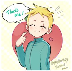 Rule 34 | 1boy, blonde hair, blush, butters stotch, closed eyes, commentary, english commentary, haizai, happy birthday, jacket, long sleeves, male focus, pointing, pointing at self, scar, scar across eye, short hair, smile, solo, south park, undercut