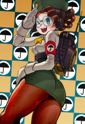Rule 34 | 1girl, 27 degrees, armband, ass, backpack, bag, black egrets, black eyes, blush, breasts, brown hair, corded phone, freckles, garrison cap, glasses, gloves, hat, headset, looking at viewer, military, military uniform, miniskirt, molly (skullgirls), one eye closed, open mouth, pantyhose, pencil skirt, phone, round eyewear, salute, short hair, skirt, skullgirls, smile, solo, thick thighs, thighs, uniform, upskirt, white gloves, wink
