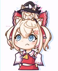 Rule 34 | &gt;:(, ..., 2girls, anger vein, animal ears, ascot, blonde hair, blue eyes, bow, chibi, cosplay, crossed bangs, detached sleeves, dog ears, double-parted bangs, fang, frown, fuwawa abyssgard, hair between eyes, hair bow, hakurei reimu, hakurei reimu (cosplay), highres, hololive, hololive english, kirisame marisa, kirisame marisa (cosplay), mococo abyssgard, moon ldl, multicolored hair, multiple girls, nontraditional miko, official alternate hairstyle, pink hair, red bow, red shirt, red skirt, shirt, siblings, skin fang, skirt, streaked hair, sweatdrop, touhou, twins, twintails, upturned eyes, v-shaped eyebrows, virtual youtuber, yellow ascot