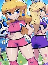 Rule 34 | 3girls, absurdres, ass, ball, bowsette, breasts, crown, curvy, day, earrings, gloves, hand on own hip, highres, jewelry, large breasts, legs, looking at viewer, looking back, luma (mario), mario (series), mario strikers: battle league, midriff, multiple girls, navel, nintendo, outdoors, princess peach, rosalina, shiny skin, short sleeves, sky, smile, soccer ball, star (symbol), super mario strikers, tail, thick thighs, thighs, tony welt, white gloves, wide hips