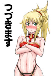 Rule 34 | &gt;:(, 1girl, bare arms, bare shoulders, bikini, black bikini, blonde hair, blush, braid, collar, cowboy shot, crossed arms, fate/apocrypha, fate/grand order, fate (series), frown, green eyes, highres, looking away, looking to the side, mismatched bikini, mitsurugi tsurugi, mordred (fate), mordred (fate/apocrypha), navel, o-ring, ponytail, pout, red bikini, shiny skin, sidelocks, simple background, solo, swimsuit, translated, upper body, v-shaped eyebrows, white background