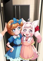 Rule 34 | 1other, 2girls, ahoge, animal ears, belt, blue dress, blue eyes, bow, brown hair, character request, child, copyright request, delicious party precure, dog ears, dog girl, dog tail, door, doorway, dress, hair bow, hair intakes, hairband, hand on own hip, hayashi keita, highres, kome-kome (precure), looking at viewer, multiple girls, open door, open mouth, pam-pam (precure), pink dress, pink eyes, pink hair, pov, precure, ribbon, short hair, smile, tail, twintails