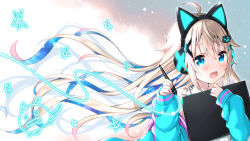 Rule 34 | 1girl, :d, ahoge, animal ear headphones, animal ears, bare shoulders, blonde hair, blue eyes, blue jacket, blush, bow, commentary request, copyright request, drawing tablet, fake animal ears, glowing, hair between eyes, headphones, highres, holding, holding drawing tablet, holding stylus, indie virtual youtuber, jacket, long hair, long sleeves, looking at viewer, off shoulder, open clothes, open jacket, open mouth, puffy long sleeves, puffy sleeves, sleeves past wrists, smile, solo, star (symbol), stylus, uchuuneko, upper body, very long hair, virtual youtuber, white bow