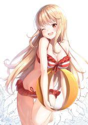 Rule 34 | 1girl, ;d, ball, bare arms, bare shoulders, barefoot, beachball, bikini, blonde hair, blush, breasts, cleavage, collarbone, commentary request, doma umaru, groin, halterneck, head tilt, highres, himouto! umaru-chan, holding, holding ball, large breasts, leg up, long hair, looking at viewer, one eye closed, open mouth, orange eyes, red bikini, shiero., shiny skin, simple background, smile, solo, standing, standing on one leg, striped bikini, striped clothes, swimsuit, thighs, very long hair, water, white background, white bikini