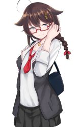 Rule 34 | 10s, 1girl, adapted costume, ahoge, bag, bespectacled, black skirt, blue eyes, braid, brown hair, glasses, hair flaps, hair ornament, highres, jewelry, kantai collection, looking at viewer, necklace, nyakonro (nekonro), red-framed eyewear, shigure (kancolle), shigure kai ni (kancolle), shirt, shoulder bag, simple background, single braid, skirt, smile, solo, white background, white shirt