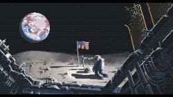Rule 34 | american flag, animated, animated gif, dithering, earth (planet), glitch, helmet, moon, on moon, original, pixel art, planet, scanlines, setamo map, solo, space, space helmet, spacecraft, spacesuit, star (sky), wreckage