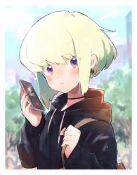 Rule 34 | 1boy, androgynous, bad id, bad pixiv id, blush, cellphone, earrings, green hair, highres, holding, holding phone, hood, hoodie, jewelry, kouhara yuyu, lio fotia, male focus, open mouth, outdoors, phone, promare, purple eyes, short hair, smartphone
