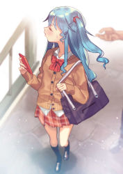 Rule 34 | 1girl, alternate costume, bag, black socks, blue hair, blurry, blush, cardigan, cellphone, closed eyes, contemporary, depth of field, full body, hinanawi tenshi, kneehighs, loafers, long hair, neck ribbon, out of frame, outdoors, phone, pleated skirt, ribbon, school bag, school uniform, shoes, side ponytail, skirt, smartphone, socks, solo focus, standing, subachi, sweatdrop, touhou