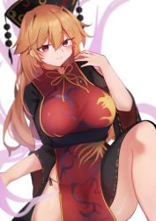 Rule 34 | 1girl, arm up, belt, black dress, black hat, black sash, blonde hair, blush, bow, bowtie, breasts, chinese clothes, closed mouth, commentary request, crescent, dress, energy, eyelashes, fox print, hair between eyes, hat, highres, junko (touhou), knee up, large breasts, long hair, long sleeves, looking at viewer, mature female, obi, orange hair, phoenix crown, pom pom (clothes), red eyes, saki (14793221), sash, shiny skin, simple background, smile, solo, standing, standing on one leg, tabard, tassel, thighs, touhou, vest, white background, wide sleeves, yellow bow