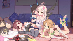 Rule 34 | 4girls, absurdres, ahoge, animal ears, arm garter, arm pillow, arm ribbon, bedroom, bell, biluoyao, black choker, black shirt, black socks, blue panties, blue shirt, bowl, bra, brown hair, camisole, candy, cat ears, character doll, chinese commentary, chips (food), choker, closed mouth, commentary request, criss-cross halter, detached sleeves, fake animal ears, fingerless gloves, flower, food, frilled panties, frilled shorts, frills, futon, genderswap, genderswap (mtf), gloves, green bra, green eyes, green panties, green socks, grey hair, grey thighhighs, grin, hair flower, hair ornament, hairclip, halterneck, hand on own chest, heel-less legwear, highres, hozuki kaede, hozuki momiji, indoors, jingle bell, legs up, long hair, low twintails, lying, medium hair, multi-strapped panties, multiple girls, murosaki miyo, neck bell, no pants, oka asahi, on side, on stomach, one side up, onii-chan wa oshimai!, open mouth, orange eyes, orange hair, oyama mahiro, oyama mihari, panties, pillow, pink panties, potato chips, red eyes, ribbon, scrunchie, shirt, short hair, shorts, side-tie panties, sitting, smile, socks, soda bottle, strapless, strapless shirt, sweatdrop, the pose, thighhighs, toeless legwear, twintails, underwear, white shirt, white sleeves, white socks, wrist scrunchie, yokozuwari