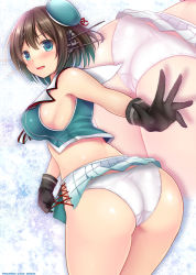 Rule 34 | 10s, 1girl, ass, black gloves, blue eyes, blush, breasts, brown hair, covered erect nipples, gloves, hair ornament, hairclip, hat, headgear, highres, kantai collection, large breasts, looking at viewer, looking back, maya (kancolle), maya kai ni (kancolle), microskirt, midriff, obiwan, open mouth, panties, pleated skirt, revision, school uniform, serafuku, short hair, sideboob, skirt, sleeveless, solo, underwear, white panties, x hair ornament, zoom layer