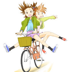 Rule 34 | 00s, 2girls, :d, bare legs, basket, belt, bicycle, black legwear, brown eyes, brown hair, cif, cruiser bicycle, floating hair, futami ami, futami mami, green jacket, idolmaster, idolmaster (classic), idolmaster 1, jacket, long sleeves, matching outfits, multiple girls, multiple riders, open mouth, outstretched arm, riding, shoes, short hair, shorts, siblings, side ponytail, sidesaddle, sisters, smile, sneakers, socks, spread legs, sweatdrop, twins, white background