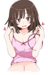 Rule 34 | 1girl, bakemonogatari, blush, brown eyes, brown hair, camisole, camisole pull, clothes pull, collarbone, heart, ixy, looking at viewer, medium hair, monogatari (series), navel, open mouth, pink camisole, sengoku nadeko, smile, solo, white background