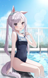 Rule 34 | 1girl, absurdres, alternate hairstyle, animal ears, arm support, blue one-piece swimsuit, blush, bow, day, drain (object), ear ribbon, fang, highres, horse ears, horse girl, horse tail, light purple hair, long hair, looking at viewer, mejiro mcqueen (umamusume), name tag, old school swimsuit, one-piece swimsuit, outdoors, parted lips, pool, pool ladder, poolside, purple eyes, railing, school swimsuit, skin fang, sky, soaking feet, solo, strap lift, sweatdrop, swimsuit, tail, twintails, umamusume, water, whitebc