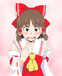 Rule 34 | 1girl, ascot, bad id, bad pixiv id, blush, bow, brown eyes, brown hair, confession, detached sleeves, face, female focus, hair bow, hair tubes, hakurei reimu, ikuya koimori, imperishable night, japanese clothes, looking at viewer, miko, pointing, pointing at self, pov, ribbon, short hair, solo, surprised, sweatdrop, touhou, wavy mouth, yellow ascot