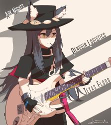 Rule 34 | 1girl, album cover, animal ears, arknights, black hair, character name, commentary, cover, cowboy hat, electric guitar, english commentary, english text, fender stratocaster, fingerless gloves, food, food in mouth, gloves, guitar, hat, highres, instrument, name connection, parody, penguin logistics (arknights), pocky, pun, shinkuro sanagi, solo, stevie ray vaughan, strap slip, texas (arknights), wolf ears, yellow eyes