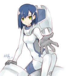 Rule 34 | 10s, 1girl, blue hair, blush, darling in the franxx, dated, gloves, green eyes, grey gloves, hair ornament, hairclip, ichigo (darling in the franxx), leotard, looking at viewer, reaching, reaching towards viewer, signature, simelu, straddling, uniform, white background
