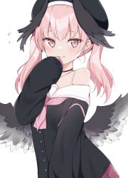 Rule 34 | 1girl, bare shoulders, beret, black hat, black shirt, black wings, blue archive, blush, closed mouth, collarbone, commentary request, feathered wings, flying sweatdrops, hat, head wings, highres, koharu (blue archive), long sleeves, looking at viewer, low wings, off shoulder, pink eyes, pink hair, pleated skirt, puffy long sleeves, puffy sleeves, purple skirt, sailor collar, shirt, simple background, skirt, sleeves past wrists, solo, swon (joy200892), twintails, white background, white sailor collar, wings
