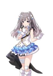 Rule 34 | bandages, blue skirt, checkered clothes, checkered skirt, collar, fur trim, gloves, grey hair, hair ornament, hair ribbon, heart, idol clothes, idolmaster, idolmaster shiny colors, looking at viewer, microphone, official art, purple eyes, ribbon, skirt, twintails, white background, white gloves, white ribbon, yukoku kiriko