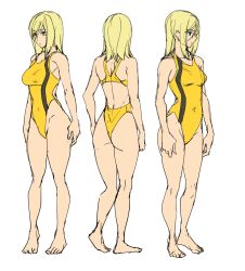Rule 34 | 1girl, ashiomi masato, ass, barefoot, blonde hair, blue eyes, breasts, closed mouth, feet, groin, guilty gear, guilty gear xrd, long hair, millia rage, one-piece swimsuit, simple background, solo, swimsuit, white background
