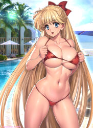 Rule 34 | 1girl, aino minako, bare arms, bare shoulders, bikini, bishoujo senshi sailor moon, blonde hair, blue eyes, bow, breasts, breasts squeezed together, collarbone, commentary request, contrapposto, cowboy shot, day, hair bow, halterneck, highres, large breasts, long hair, looking at viewer, navel, outdoors, oyaman, palm tree, parasol, parted lips, photo background, pool, poolside, red bikini, red bow, smile, solo, standing, stomach, string bikini, swimsuit, tree, twitter username, umbrella, underboob, very long hair, water