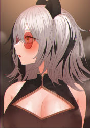 Rule 34 | 1girl, absurdres, animal ears, arknights, bare shoulders, black dress, blush, breasts, brown background, cleavage, cleavage cutout, clothing cutout, dress, feater (arknights), highres, hisamichi (hisamichi1373), large breasts, looking to the side, medium hair, multicolored hair, panda ears, parted lips, profile, sleeveless, sleeveless dress, solo, streaked hair, sunglasses, upper body, white hair