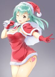 Rule 34 | 10s, 1girl, brown eyes, byte (allbyte), capelet, fur trim, gloves, green hair, hair ornament, hairclip, hat, heart, highres, kantai collection, long hair, looking at viewer, one eye closed, red gloves, sack, santa costume, santa hat, simple background, smile, solo, standing, suzuya (kancolle), v