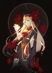 Rule 34 | 1girl, bad id, bad twitter id, black background, black dress, blonde hair, blush, breasts, chinese clothes, closed mouth, dress, flower, fox print, glowing, glowing petals, hat, highres, holding, holding flower, junko (touhou), large breasts, light smile, lily (flower), long hair, long sleeves, looking at viewer, petals, phoenix crown, red eyes, red flower, sash, solo, standing, tabard, tassel, touhou, white flower, wide sleeves, z.o.b