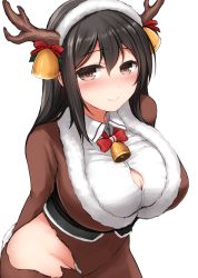 Rule 34 | 10s, 1girl, animal costume, antlers, arms behind back, black hair, blush, breasts, brown eyes, bursting breasts, chikuma (kancolle), cleavage, cleavage cutout, clothing cutout, don (29219), hip focus, horns, kantai collection, large breasts, leaning forward, long hair, looking at viewer, reindeer antlers, reindeer costume, smile, solo, torn clothes