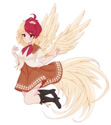 Rule 34 | 1girl, absurdres, animal, animal on head, bird, bird on head, bird wings, black footwear, blonde hair, blush, boots, capelet, chick, closed mouth, commentary request, feathered wings, full body, highres, jumping, looking at viewer, medium hair, multicolored hair, niwatari kutaka, on head, orange skirt, puffy short sleeves, puffy sleeves, red eyes, red hair, red neckwear, sh1 (shanghaidoll), shirt, short sleeves, simple background, skirt, smile, solo, touhou, two-tone hair, white background, white shirt, wily beast and weakest creature, wings