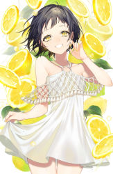 Rule 34 | 1girl, absurdres, bare arms, bare shoulders, black hair, commentary request, dress, food, forehead, fruit, grin, hand up, highres, lemon, lemon slice, looking at viewer, nail polish, o-ring, o-ring dress, original, see-through silhouette, skirt hold, sleeveless, sleeveless dress, smile, sogawa, solo, white dress, yellow eyes, yellow nails