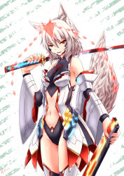 Rule 34 | 1girl, adapted costume, alternate costume, animal ears, bare shoulders, breasts, cowboy shot, detached sleeves, fangs, glowing, hair between eyes, highres, holding, holding sword, holding weapon, inubashiri momiji, inyuppo, katana, looking at viewer, navel, open mouth, orange eyes, over shoulder, patterned background, science fiction, shiny clothes, shiny skin, short hair, signature, slit pupils, small breasts, smile, solo, sword, tail, thighs, touhou, unsheathed, weapon, weapon over shoulder, white background, wide sleeves, wolf ears, wolf tail