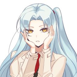 Rule 34 | 1girl, angela (project moon), black vest, blue hair, commentary request, hands on own cheeks, hands on own face, ktsis, lab coat, light blue hair, lobotomy corporation, long hair, long sleeves, looking at viewer, necktie, parted bangs, project moon, red necktie, shirt, side ponytail, simple background, solo, transparent background, vest, white shirt