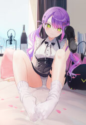 Rule 34 | 1girl, blush, bottle, cup, demon tail, drinking glass, feet, foreshortening, green eyes, highres, holding, holding shoes, hololive, long hair, looking at viewer, low twintails, panties, pantyshot, parted lips, petals, purple hair, rose petals, shoes, single shoe, skirt, socks, steam, suspender skirt, suspenders, tail, thigh strap, tokoyami towa, twintails, underwear, unworn shoes, virtual youtuber, white socks, wine bottle, wine glass